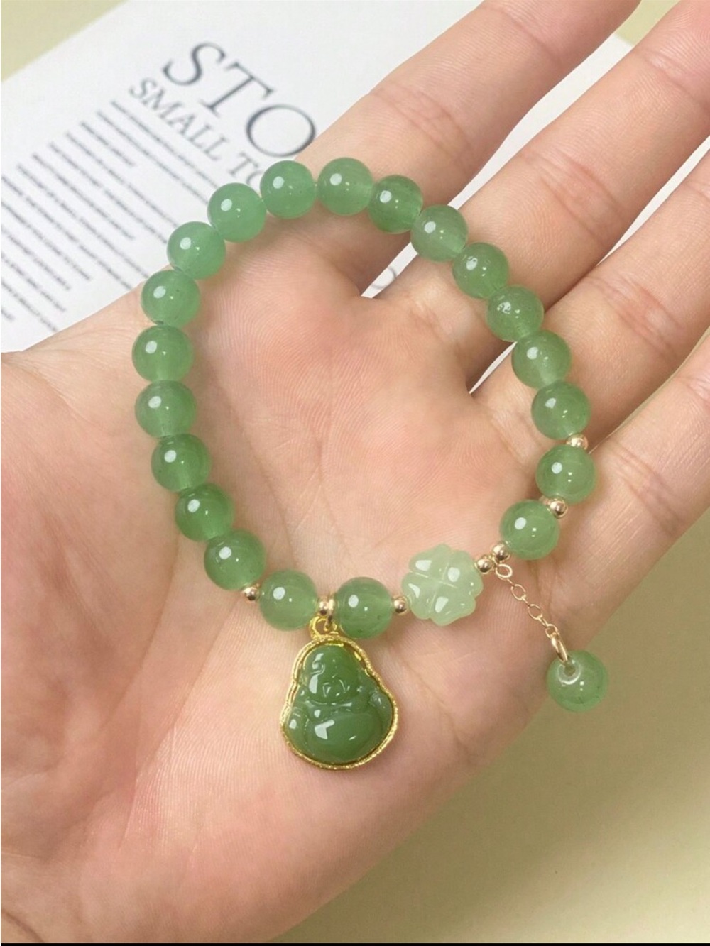 Green Jade Bead Bracelet with Buddha Charm - Women Jewelry - Picture 3 of 4